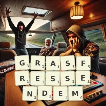 Kreative Illustration für ein Scrabble-Spiel, bei dem das Wort GRASFRESSENDEM mit Steinen auf dem Brett gelegt wurde.