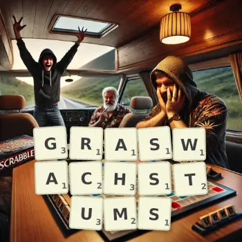 Kreative Illustration für ein Scrabble-Spiel, bei dem das Wort GRASWACHSTUMS mit Steinen auf dem Brett gelegt wurde.