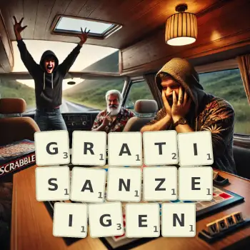 Kreative Illustration für ein Scrabble-Spiel, bei dem das Wort GRATISANZEIGEN mit Steinen auf dem Brett gelegt wurde.