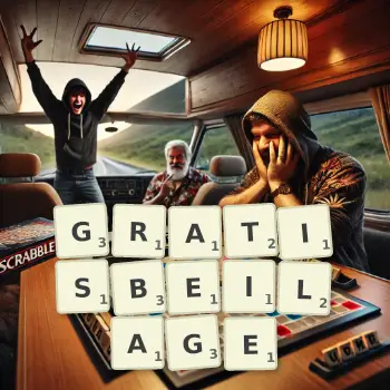 Kreative Illustration für ein Scrabble-Spiel, bei dem das Wort GRATISBEILAGE mit Steinen auf dem Brett gelegt wurde.