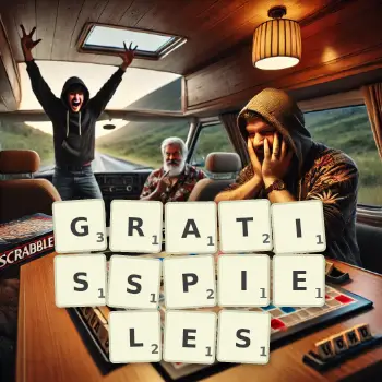 Kreative Illustration für ein Scrabble-Spiel, bei dem das Wort GRATISSPIELES mit Steinen auf dem Brett gelegt wurde.