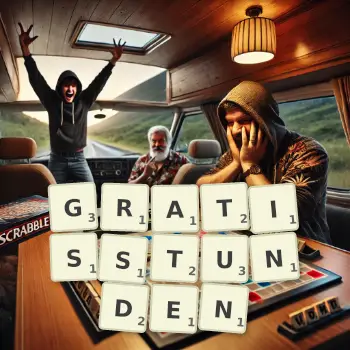 Kreative Illustration für ein Scrabble-Spiel, bei dem das Wort GRATISSTUNDEN mit Steinen auf dem Brett gelegt wurde.
