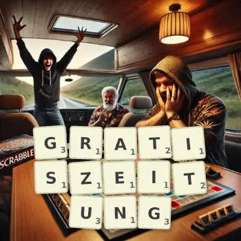 Kreative Illustration für ein Scrabble-Spiel, bei dem das Wort GRATISZEITUNG mit Steinen auf dem Brett gelegt wurde.