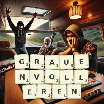 Kreative Illustration für ein Scrabble-Spiel, bei dem das Wort GRAUENVOLLEREN mit Steinen auf dem Brett gelegt wurde.