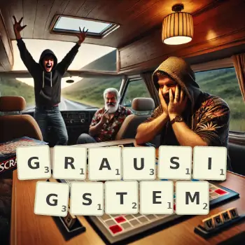 Kreative Illustration für ein Scrabble-Spiel, bei dem das Wort GRAUSIGSTEM mit Steinen auf dem Brett gelegt wurde.