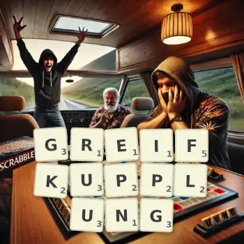 Kreative Illustration für ein Scrabble-Spiel, bei dem das Wort GREIFKUPPLUNG mit Steinen auf dem Brett gelegt wurde.