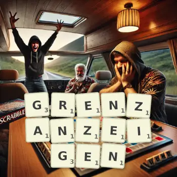 Kreative Illustration für ein Scrabble-Spiel, bei dem das Wort GRENZANZEIGEN mit Steinen auf dem Brett gelegt wurde.