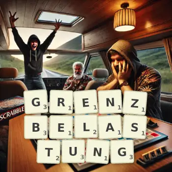 Kreative Illustration für ein Scrabble-Spiel, bei dem das Wort GRENZBELASTUNG mit Steinen auf dem Brett gelegt wurde.