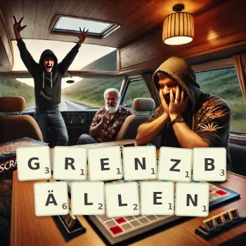 Kreative Illustration für ein Scrabble-Spiel, bei dem das Wort GRENZBÄLLEN mit Steinen auf dem Brett gelegt wurde.