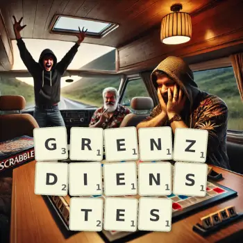 Kreative Illustration für ein Scrabble-Spiel, bei dem das Wort GRENZDIENSTES mit Steinen auf dem Brett gelegt wurde.