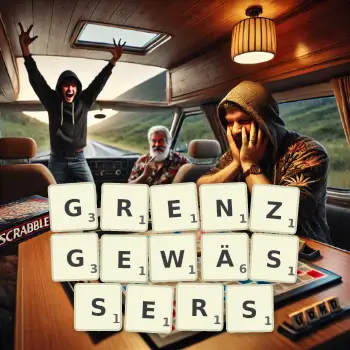 Kreative Illustration für ein Scrabble-Spiel, bei dem das Wort GRENZGEWÄSSERS mit Steinen auf dem Brett gelegt wurde.