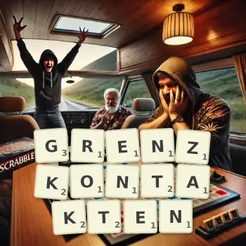 Kreative Illustration für ein Scrabble-Spiel, bei dem das Wort GRENZKONTAKTEN mit Steinen auf dem Brett gelegt wurde.