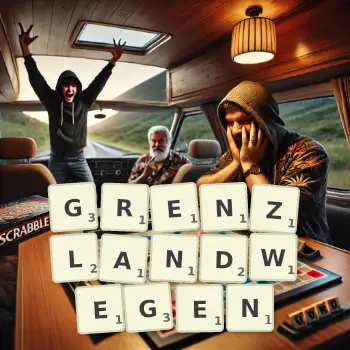 Kreative Illustration für ein Scrabble-Spiel, bei dem das Wort GRENZLANDWEGEN mit Steinen auf dem Brett gelegt wurde.