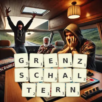 Kreative Illustration für ein Scrabble-Spiel, bei dem das Wort GRENZSCHALTERN mit Steinen auf dem Brett gelegt wurde.