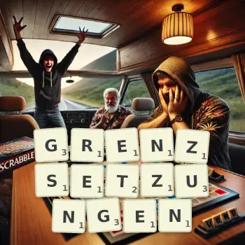 Kreative Illustration für ein Scrabble-Spiel, bei dem das Wort GRENZSETZUNGEN mit Steinen auf dem Brett gelegt wurde.