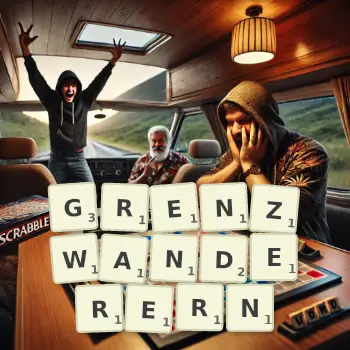 Kreative Illustration für ein Scrabble-Spiel, bei dem das Wort GRENZWANDERERN mit Steinen auf dem Brett gelegt wurde.