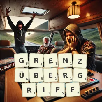 Kreative Illustration für ein Scrabble-Spiel, bei dem das Wort GRENZÜBERGRIFF mit Steinen auf dem Brett gelegt wurde.