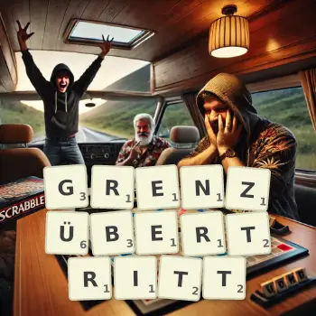 Kreative Illustration für ein Scrabble-Spiel, bei dem das Wort GRENZÜBERTRITT mit Steinen auf dem Brett gelegt wurde.