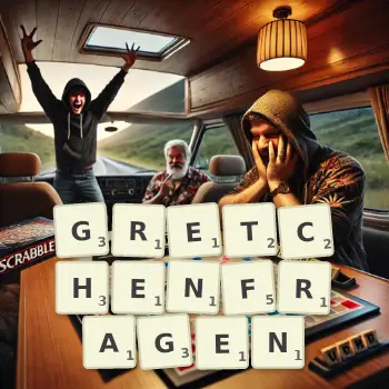 Kreative Illustration für ein Scrabble-Spiel, bei dem das Wort GRETCHENFRAGEN mit Steinen auf dem Brett gelegt wurde.