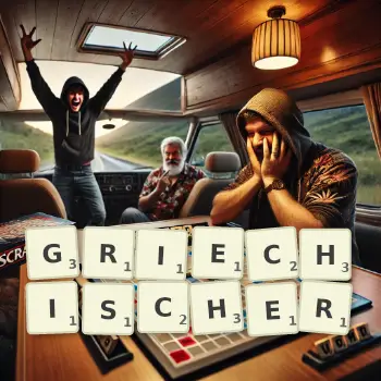 Kreative Illustration für ein Scrabble-Spiel, bei dem das Wort GRIECHISCHER mit Steinen auf dem Brett gelegt wurde.