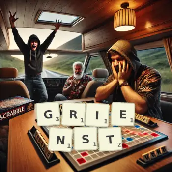 Kreative Illustration für ein Scrabble-Spiel, bei dem das Wort GRIENST mit Steinen auf dem Brett gelegt wurde.