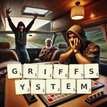 Kreative Illustration für ein Scrabble-Spiel, bei dem das Wort GRIFFSYSTEM mit Steinen auf dem Brett gelegt wurde.