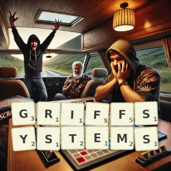 Kreative Illustration für ein Scrabble-Spiel, bei dem das Wort GRIFFSYSTEMS mit Steinen auf dem Brett gelegt wurde.