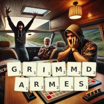 Kreative Illustration für ein Scrabble-Spiel, bei dem das Wort GRIMMDARMES mit Steinen auf dem Brett gelegt wurde.