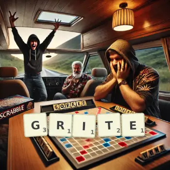 Kreative Illustration für ein Scrabble-Spiel, bei dem das Wort GRITE mit Steinen auf dem Brett gelegt wurde.