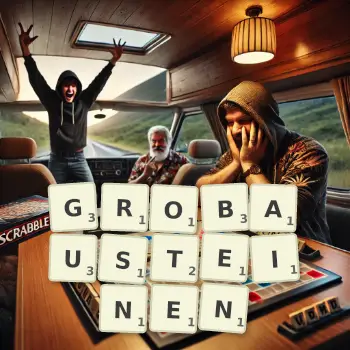 Kreative Illustration für ein Scrabble-Spiel, bei dem das Wort GROBAUSTEINEN mit Steinen auf dem Brett gelegt wurde.