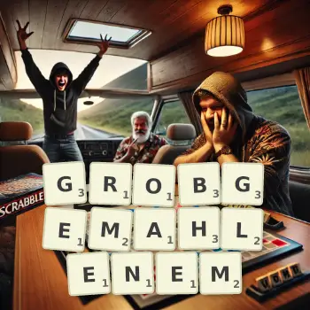 Kreative Illustration für ein Scrabble-Spiel, bei dem das Wort GROBGEMAHLENEM mit Steinen auf dem Brett gelegt wurde.