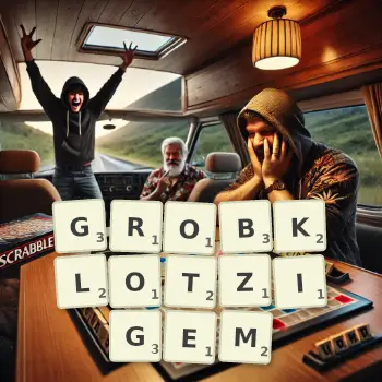 Kreative Illustration für ein Scrabble-Spiel, bei dem das Wort GROBKLOTZIGEM mit Steinen auf dem Brett gelegt wurde.