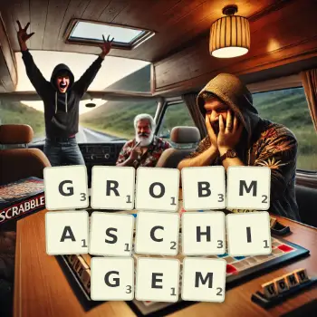Kreative Illustration für ein Scrabble-Spiel, bei dem das Wort GROBMASCHIGEM mit Steinen auf dem Brett gelegt wurde.