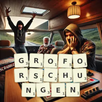 Kreative Illustration für ein Scrabble-Spiel, bei dem das Wort GROFORSCHUNGEN mit Steinen auf dem Brett gelegt wurde.