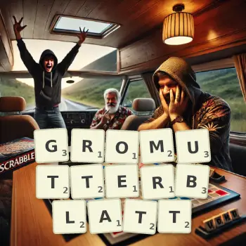 Kreative Illustration für ein Scrabble-Spiel, bei dem das Wort GROMUTTERBLATT mit Steinen auf dem Brett gelegt wurde.