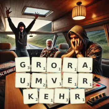 Kreative Illustration für ein Scrabble-Spiel, bei dem das Wort GRORAUMVERKEHR mit Steinen auf dem Brett gelegt wurde.
