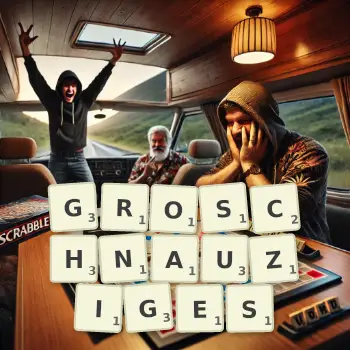 Kreative Illustration für ein Scrabble-Spiel, bei dem das Wort GROSCHNAUZIGES mit Steinen auf dem Brett gelegt wurde.