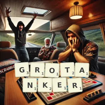 Kreative Illustration für ein Scrabble-Spiel, bei dem das Wort GROTANKER mit Steinen auf dem Brett gelegt wurde.