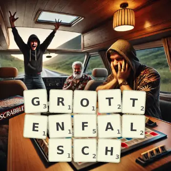Kreative Illustration für ein Scrabble-Spiel, bei dem das Wort GROTTENFALSCH mit Steinen auf dem Brett gelegt wurde.