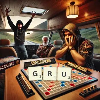 Kreative Illustration für ein Scrabble-Spiel, bei dem das Wort GRU mit Steinen auf dem Brett gelegt wurde.