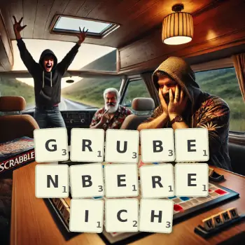 Kreative Illustration für ein Scrabble-Spiel, bei dem das Wort GRUBENBEREICH mit Steinen auf dem Brett gelegt wurde.