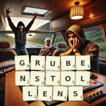 Kreative Illustration für ein Scrabble-Spiel, bei dem das Wort GRUBENSTOLLENS mit Steinen auf dem Brett gelegt wurde.