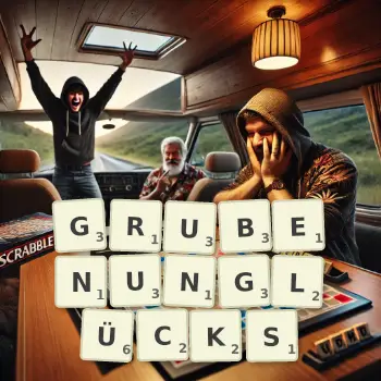 Kreative Illustration für ein Scrabble-Spiel, bei dem das Wort GRUBENUNGLÜCKS mit Steinen auf dem Brett gelegt wurde.