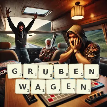 Kreative Illustration für ein Scrabble-Spiel, bei dem das Wort GRUBENWAGEN mit Steinen auf dem Brett gelegt wurde.