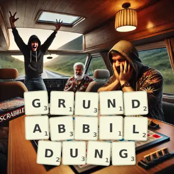 Kreative Illustration für ein Scrabble-Spiel, bei dem das Wort GRUNDABBILDUNG mit Steinen auf dem Brett gelegt wurde.