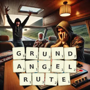 Kreative Illustration für ein Scrabble-Spiel, bei dem das Wort GRUNDANGELRUTE mit Steinen auf dem Brett gelegt wurde.