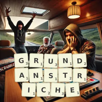 Kreative Illustration für ein Scrabble-Spiel, bei dem das Wort GRUNDANSTRICHE mit Steinen auf dem Brett gelegt wurde.