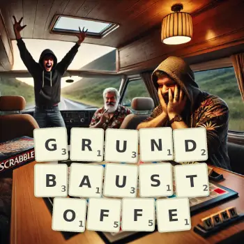 Kreative Illustration für ein Scrabble-Spiel, bei dem das Wort GRUNDBAUSTOFFE mit Steinen auf dem Brett gelegt wurde.