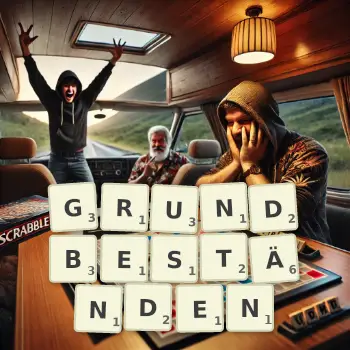Kreative Illustration für ein Scrabble-Spiel, bei dem das Wort GRUNDBESTÄNDEN mit Steinen auf dem Brett gelegt wurde.