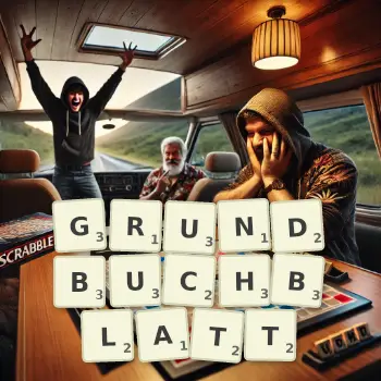 Kreative Illustration für ein Scrabble-Spiel, bei dem das Wort GRUNDBUCHBLATT mit Steinen auf dem Brett gelegt wurde.